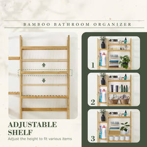 Étagère en bambou sur casier de toilette Étagère de salle de bain derrière l'étagère de toilette avec crochets, pieds réglables Étagère de toilette autoportante de 31 pouces - Product Image 6
