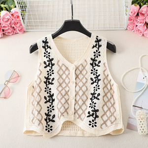 Women Floral Embroidered <strong>Black</strong> Trim <strong>Crochet</strong> Knit Button Down Sleeveless Vest Boho Vintage Openwork Casual Layering <strong>Cardigan</strong> - Product Image 6