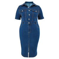 Robe midi décontractée pour femme, design personnalisé, boutonnée, col simple, coupe ajustée, manches courtes, en jean délavé