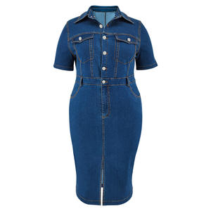 Custom Design Women's Casual Button up Midi <strong>Dress</strong> Simple Turn-Down Collar Bodycon Short Sleeve <strong>Denim</strong> Washed <strong>Dress</strong> - Product Image 2