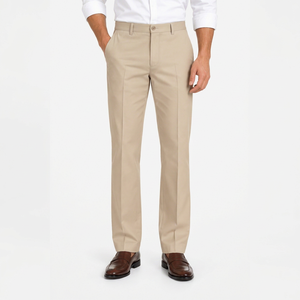 Men's Khaki Straight Fit Casual <b>Dress</b> Pants Side Pockets Anti-Wrinkle Canvas Fabric Midweight <b>Zipper</b> Fly Flat Style - Product Image 1