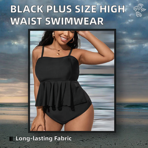 Manufacturer Custom High Waist Ruffle Swimsuit for Women New Black Plus Size Two Piece Bandeau Swimwear <b>Push</b> Bra Solid Beachwear - Product Image 2