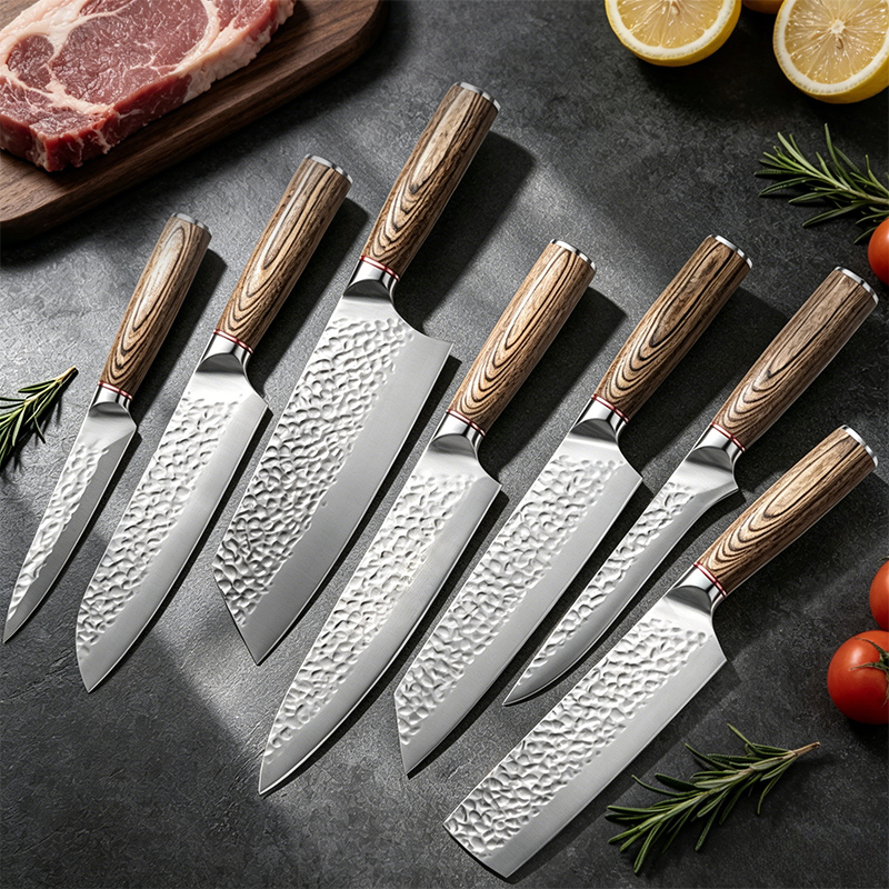 # Stainless Steel Kitchen Knife Set – Hammered Finish Chef, Santoku & Nakiri Knives with Wooden Handles