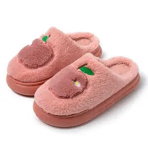 Pantofole calde sfocate pantofole calde invernali per interni in velluto con fondo spesso antiscivolo con ricamo Apple