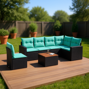 Set di divani da giardino in polyrattan nero da 7 pezzi con cuscini, mobili da esterno, posti a sedere in stile contemporaneo per 7 persone - Product Image 2