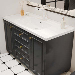 Mueble de baño de madera maciza todo en uno negro Retro francés, lavabo de cerámica LED, lavabo de baño de suelo a suelo, combinación de laca