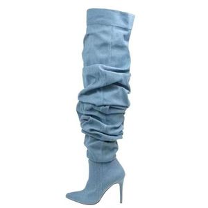 Bottes en jean pour femme, plateforme, style western, hauteur au-dessus du genou, collection automne 2024 - Product Image 3