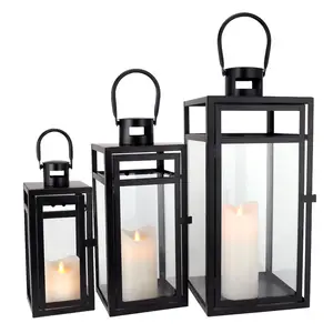 Set Of 3 Silver Hanging Candle Lantern Stainless Steel Tempered Glass Outdoor Floor Square Candle Holder For Wedding Home Decor