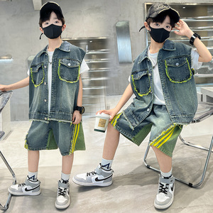 Ensemble <span class=keywords><strong>gilet</strong></span> en jean deux pièces pour garçons, coupe ample en coton, pour enfants plus âgés, collection été - Product Image 3