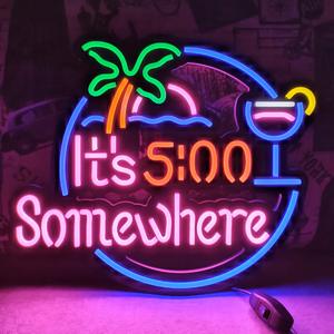 It's 5:00 Some Where & Palm LED Neon Sign Art Wall Lights para Bar Club Dormitorio Windows Glass Hotel Pub Cafe - Product Image 1
