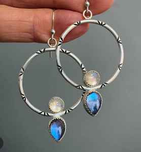 Labradorite & <b>Moonstone</b> Natural Gemstone 925 Solid Sterling Silver <b>Earring</b> Statement Jewelry - Product Image 1
