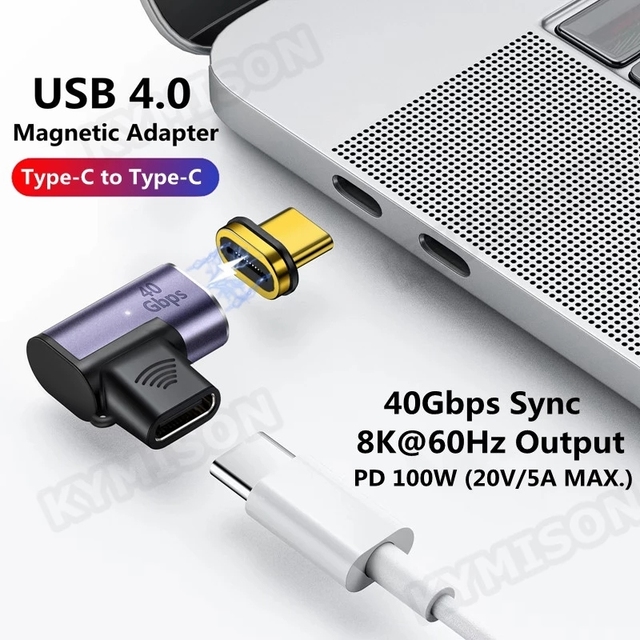 USB4 Type C Male to Female 90 Degree Right Angled 100W Power Data 8K Video Adapter Magnetic Connector for Laptop Phone