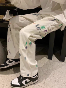 Jeans décontractés amples et tendance pour hommes, coupe droite, en toile, devant plat, respirants, style streetwear hip-hop d'automne, avec poches - Product Image 1