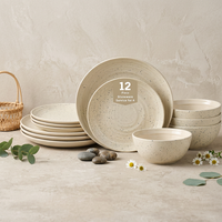 Ensemble de vaisselle moderne en grès motif graines de sésame, vente en gros, assiettes et bols en céramique assortis, service de table 12 pièces avec finition mate