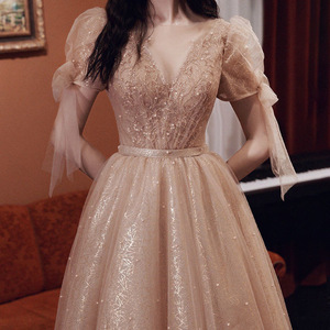 Evening Dress V-Neck A-Line Chiffon Empire Waist Vintage Plus Size Khaki Burgundy - Product Image 1