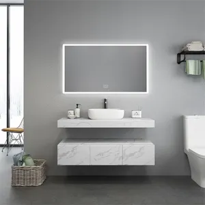 宁静的新白色虚荣设计单面盆壁挂式浴室家具与 Led 镜子