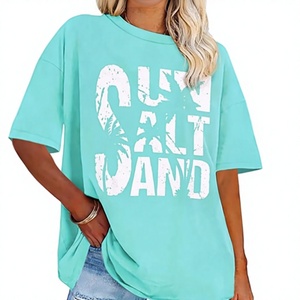 T-shirt décontracté en jersey de coton vert menthe à col rond et manches courtes pour femme, coupe ample, imprimé soleil, sel et sable, idéal printemps-été - Product Image 1