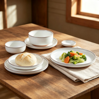 Services de table EKA style campagne française en céramique, assiettes et bols assortis avec bordure marron rustique pour restaurants et hôtels (vente en gros)