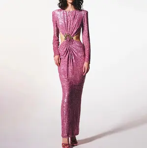 Gorgeous fashion ladies sexy sequined long sleeve hollow waist backless evening gown