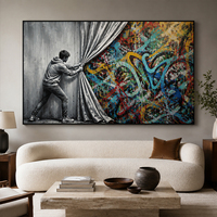 Peinture à l'huile sur toile abstraite colorée, art mural représentant un homme tirant un rideau, pour salon moderne