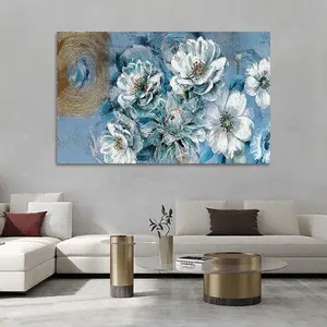 Bunga Cyan kanvas seni dinding Magnolia putih lukisan bunga tekstur emas abu-abu biru lukisan karya seni dekorasi ruang tamu
