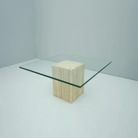 KUMUSI MEUBLES Table à thé moderne simple en travertin naturel carrée table basse de salon en verre trempé de luxe