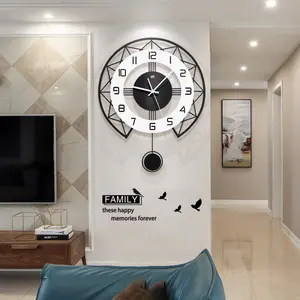 창조적 인 거실 장식 현대 사일런트 벽 시계 라운드 벽 시계 운동 진자 석영 벽 시계
