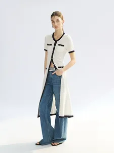 Korean Cotton Mix Elegant Slim Button Casual Short Sleeve Breathable Knitted <strong>Maxi</strong> Length Summer <strong>Cardigan</strong> Women's A-Line Bodycon - Product Image 2