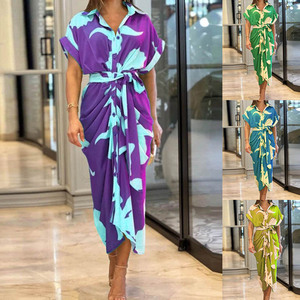 Vestido de Fiesta Plisado de Moda para Mujer, Estampado Floral, con Abertura, Largo Midi, Estilo Camisero, Vestidos Casuales Estampados para Mujer, Venta al por Mayor - Product Image 4
