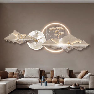 Luxe moderne bonsaï montagne cerf paysage UV tranchant acrylique fabriqué à la main mur décor à la maison LED horloge peinture - Product Image 4