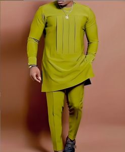 Setelan Pria Afrika Gaya Etnik <span class=keywords><strong>M</strong></span>-4XL Dua Potong Warna Solid Patchwork Kerah Bulat Atasan Lengan Panjang dan Celana - Product Image 5