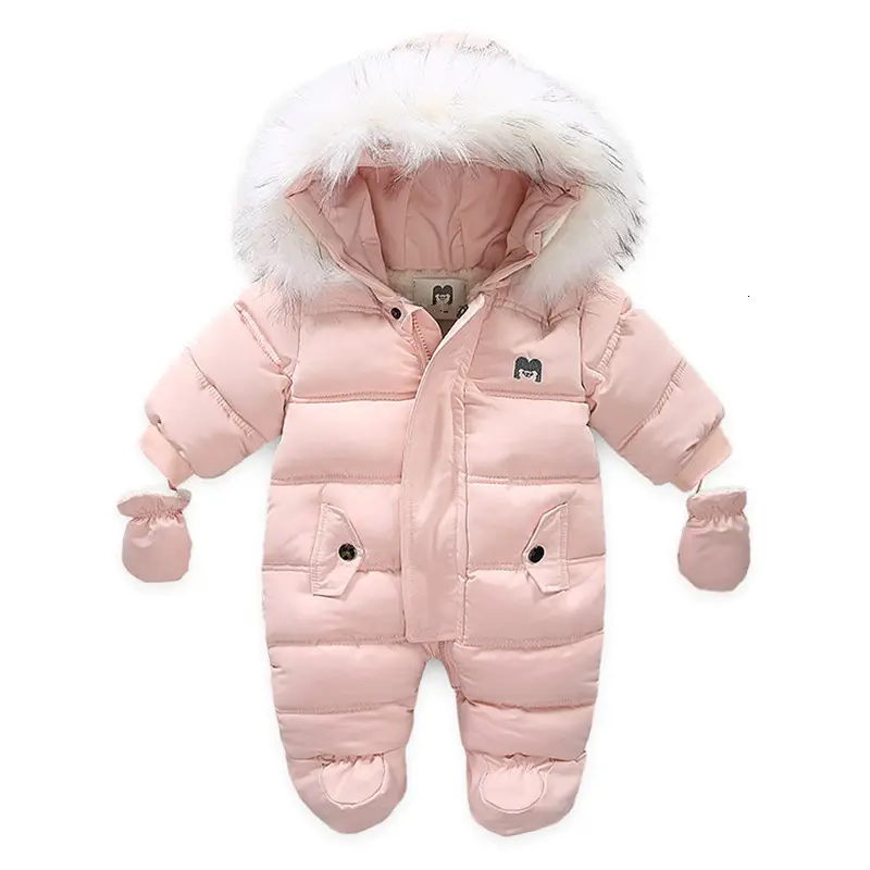 ファッション女の赤ちゃん服ぬいぐるみ裏地ベビーロンパース冬の厚い幼児オーバーオール男の子ジャンプスーツファーフード付き