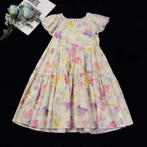 Robe d'été décontractée en coton pour filles, motif floral aquarelle, manches volantées, col rond, à volants superposés, style boutique, prête à expédier (RTS), ODM - Product Image 2