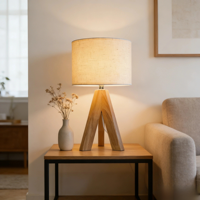 Lampe de table LED sur trépied en bois avec abat-jour en tissu - Bras flexible européen, lumière blanc chaud, fonctionne sur piles, recharge USB, écologique pour la maison