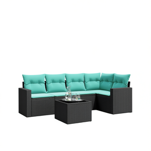 ชุดโซฟาลานบ้านหวายโพลีสีดำ 6 ชิ้นพร้อมเบาะรองนั่ง เฟอร์นิเจอร์กลางแจ้งสำหรับ 6 คน ดีไซน์ร่วมสมัยทันสมัย - Product Image 1