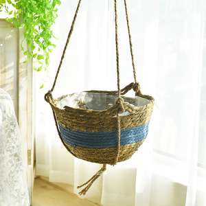 Panier suspendu en fibres végétales rond fait à la main, pot de fleurs mural avec corde pour une utilisation en intérieur et en extérieur - Product Image 2