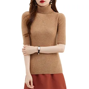 廉价100羊毛上衣定制纯色奢华半袖羊毛毛衣女式冬季
