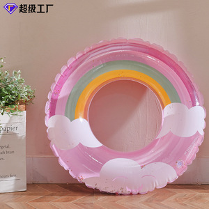 Inflatable Swim Ring With <b>Sequins</b> Cloud <b>Rainbow</b> Design For Children Swimming Pool Float - Product Image 4