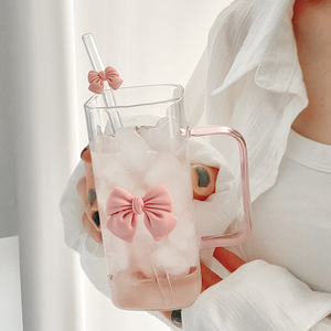 Double <b>Bow</b> Square Glass Water Cup With Handle And Straw For Office Or Party Use - Product Image 4