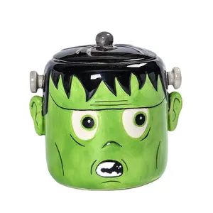 Halloween Green Zombie Head Ceramic Cookie Biscuit Jar