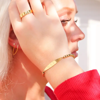 Bracelet barre incurvée gravable en or 18 carats PVD, perles, acier inoxydable 316L, réglable, personnalisable, étanche, pour femme