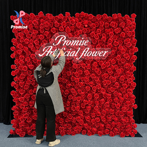 Promise <strong>Customized</strong> 3D Roll up <strong>Artificial</strong> Silk Red <strong>Peony</strong> and Rose <strong>Artificial</strong> Flower Wall Backdrop Wedding Decoration - Product Image 1
