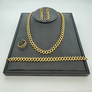 Wholesale Fashion 18K Gold Plated Cuban Chain Hip Hop Style Stainless Steel 4-piece Jewelry Set For Women
