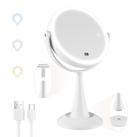Miroir de maquillage LED rond avec affichage de la luminosité, 3 températures de couleur, intensité réglable, détachable, commande tactile, rechargeable par USB
