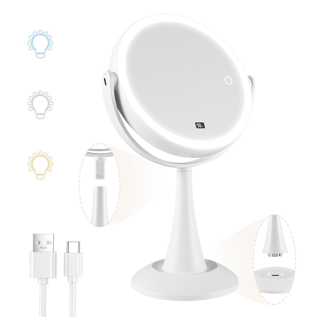 Round LED Makeup Mirror with Brightness Display 3 Color Temperatures Dimmable Detachable Touch Control USB Rechargeable