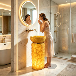 Lavabo colonne autoportant LED jaune translucide <span class=keywords><strong>de</strong></span> luxe, lavabo sur pied texturé à effet lumineux pour salle <span class=keywords><strong>de</strong></span> bain d'hôtel ou <span class=keywords><strong>de</strong></span> villa - Product Image 1
