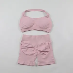 Conjunto de Yoga Sin Costuras para Mujer, Shorts de Entrenamiento de 2 Piezas con Sujetador Deportivo Halter y Shorts de Gimnasio Fruncidos, Ropa de Entrenamiento, Ropa Deportiva de Verano - Product Image 2