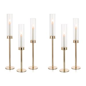 Nouveau Bougeoir Cylindrique Haut en Verre Hurricane, <span class=keywords><strong>Noir</strong></span> et Or, Style Antique, pour Bougies Coniques, Idéal pour Mariage Romantique - Product Image 1