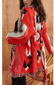 <span class=keywords><strong>Cardigan</strong></span> Invernale Boho con Motivi Geometrici Jacquard, Oversize, Maniche Lunghe, Colletto con Nappine Vintage, <span class=keywords><strong>Rosso</strong></span> - Product Image 5