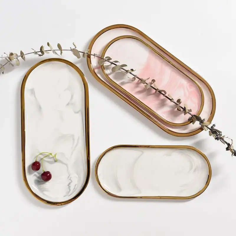 Custom Decorative Oval Ceramic Jewelry Tray Glasses Trinket Dish With Gold Trim